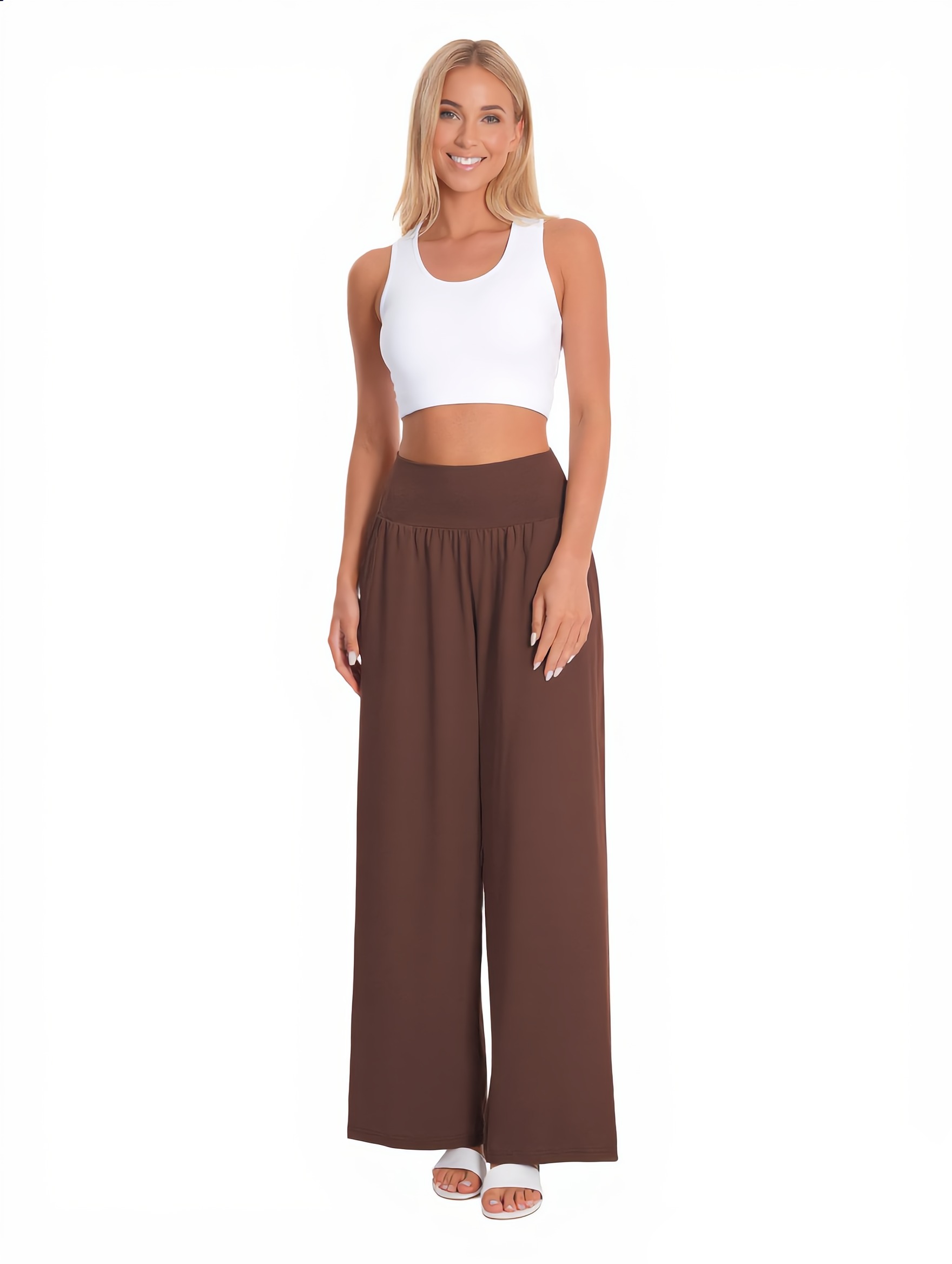 Wide-Leg Yoga Pants in Light Coffee β The Crossover Waist Edit style look